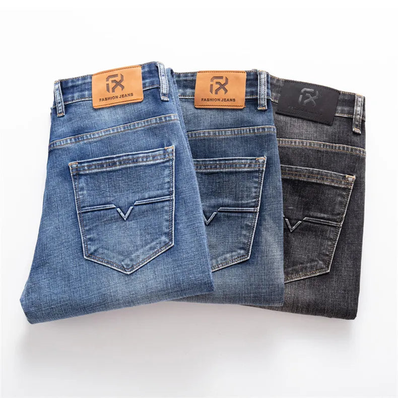 2025 Autumn New Men Regular Fit Stretch Jeans Classic Style Smoky Gray Fashion Casual Denim Pants Male Brand Trousers Blue