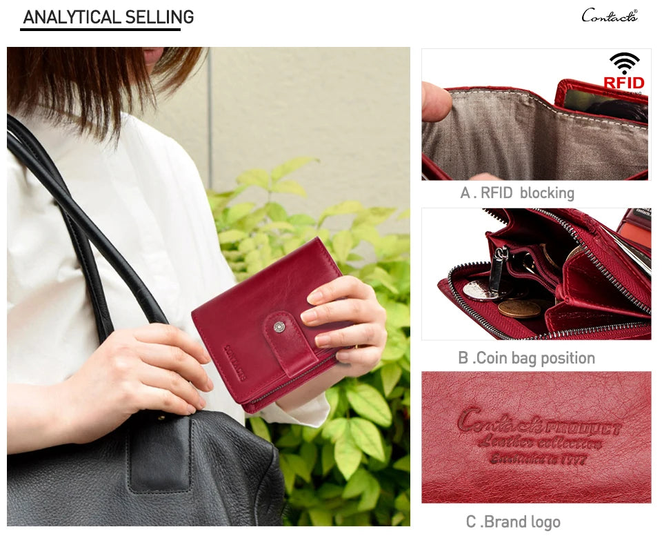 Contact'S Genuine Leather Wallets Women Men Wallet Short Small RFID Blocking Card Holder Wallets Ladies Red Coin Purse