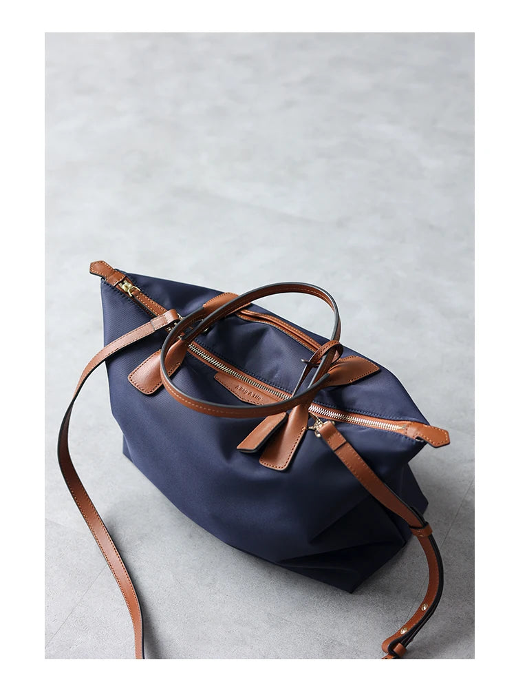 Zipper Tote Bags For Women Nylon With Real Leather Handbag High Quality Single Shoulder Bag