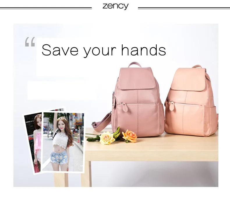 Zency Stylish White Black Genuine Leather Women Backpack A++ Quality Anti-theft Large Capacity Knapsack Travel Designer Rucksack