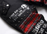 2026 Korean Fashion Red Plaid Patchwork Punk Rivet Men Slim Jeans Trousers Skull Letters Print Hip Hop Chain Denim Pants Spodnie