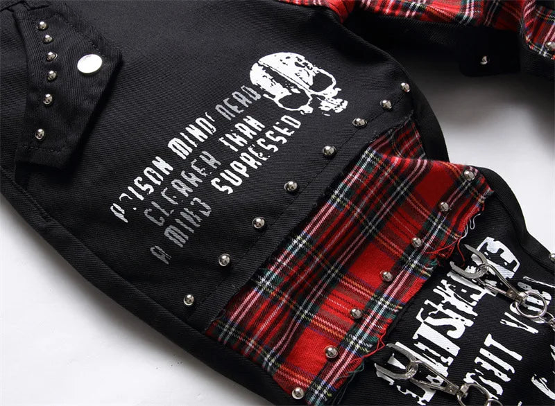 2026 Korean Fashion Red Plaid Patchwork Punk Rivet Men Slim Jeans Trousers Skull Letters Print Hip Hop Chain Denim Pants Spodnie