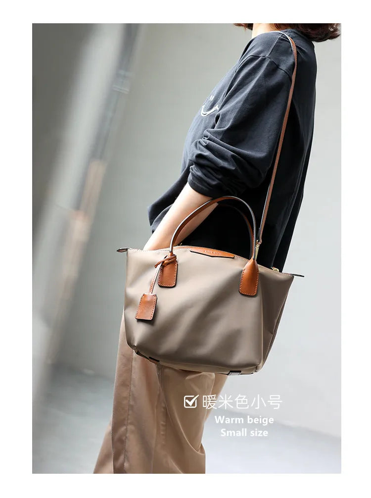 Zipper Tote Bags For Women Nylon With Real Leather Handbag High Quality Single Shoulder Bag