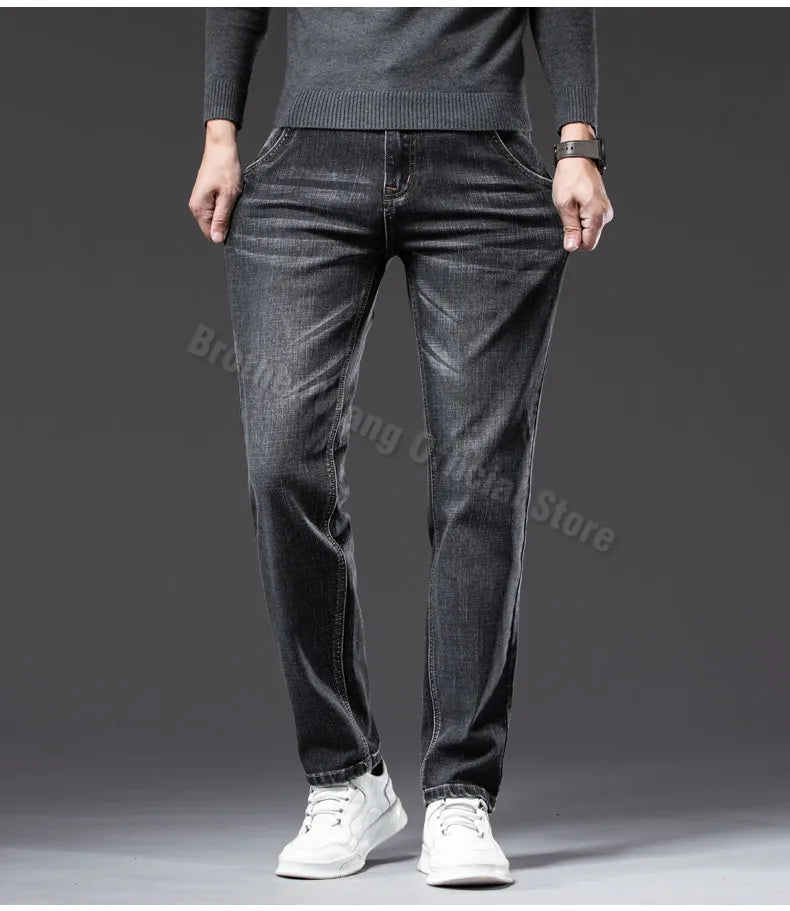 2025 Autumn New Men Regular Fit Stretch Jeans Classic Style Smoky Gray Fashion Casual Denim Pants Male Brand Trousers Blue