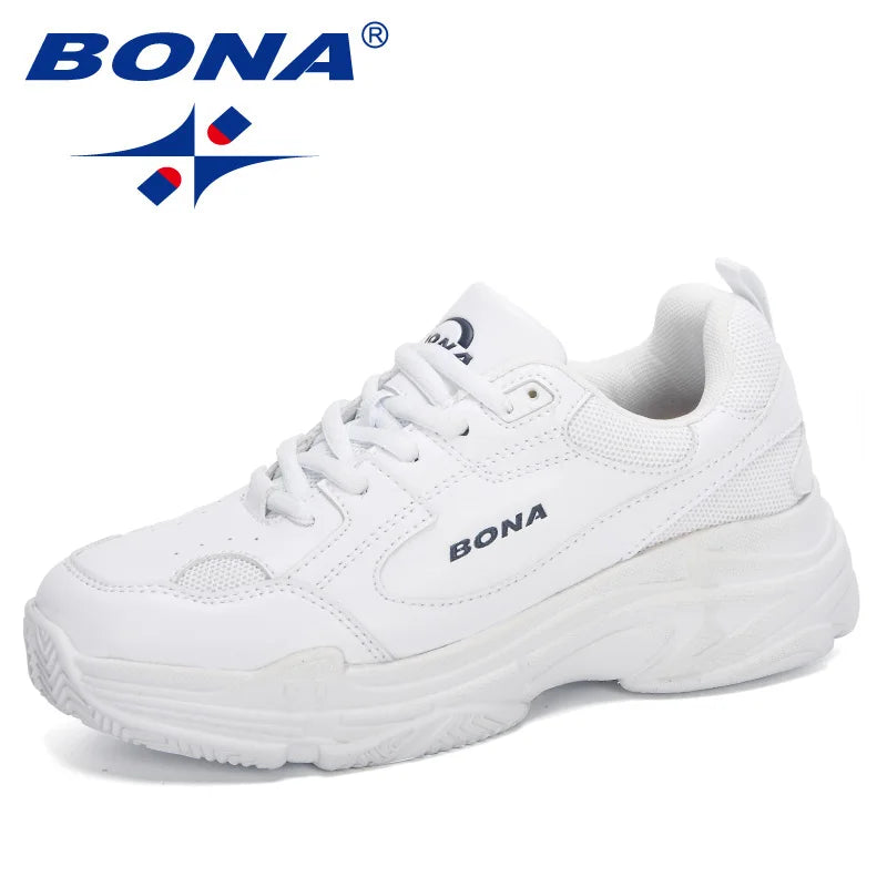 BONA Women's White Lace-Up Sneaker Flats | Casual Platform