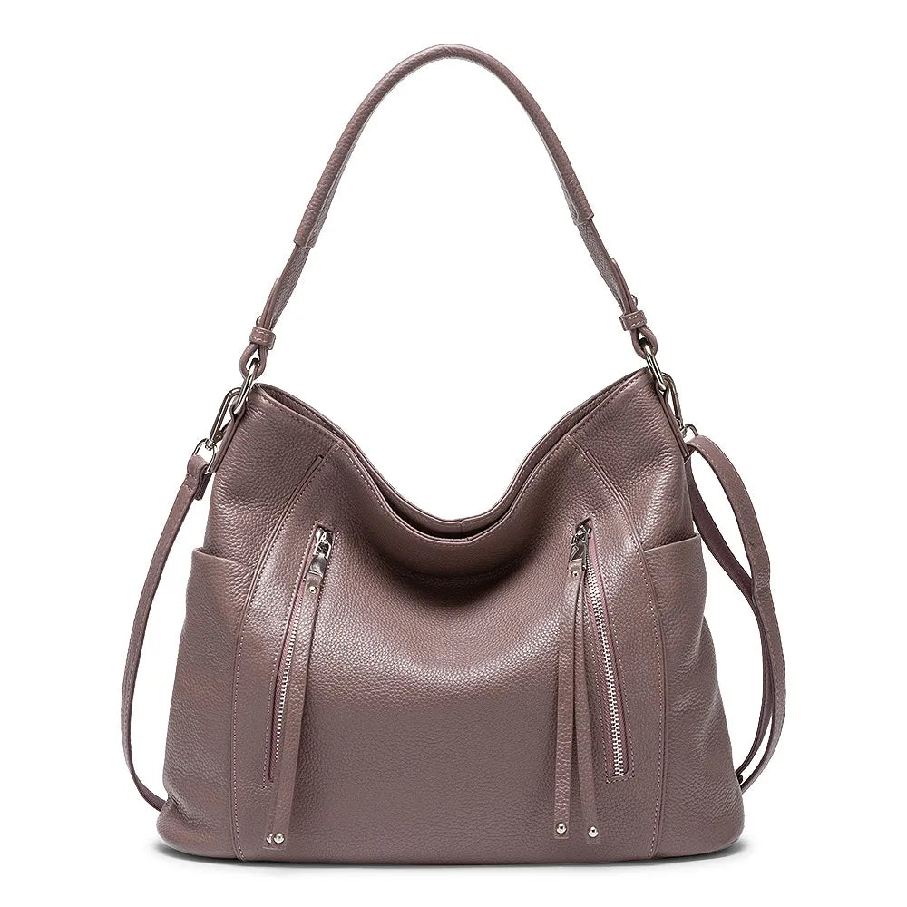 ZENCY New Handbag Luxury Genuine Leather Bag for Women Shoulder Tote Crossbody Double Zipper Pocket Charming Red Hobo Bag