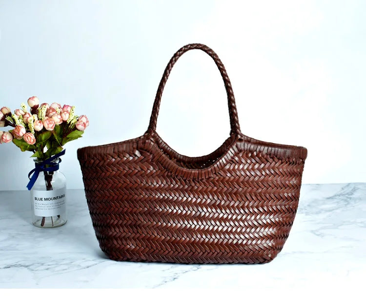 Hand Knitted Designer Genuine Leather Elegant Handle Female Totes Vintage Women's Handbag Cowskin Lady Large Shoulder Bag