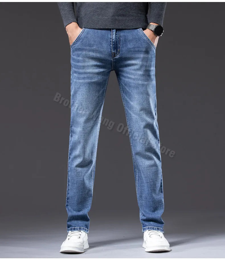 2025 Autumn New Men Regular Fit Stretch Jeans Classic Style Smoky Gray Fashion Casual Denim Pants Male Brand Trousers Blue