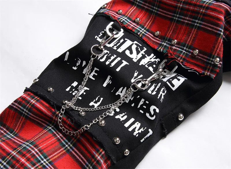 2026 Korean Fashion Red Plaid Patchwork Punk Rivet Men Slim Jeans Trousers Skull Letters Print Hip Hop Chain Denim Pants Spodnie
