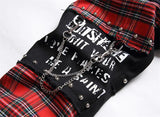 2026 Korean Fashion Red Plaid Patchwork Punk Rivet Men Slim Jeans Trousers Skull Letters Print Hip Hop Chain Denim Pants Spodnie