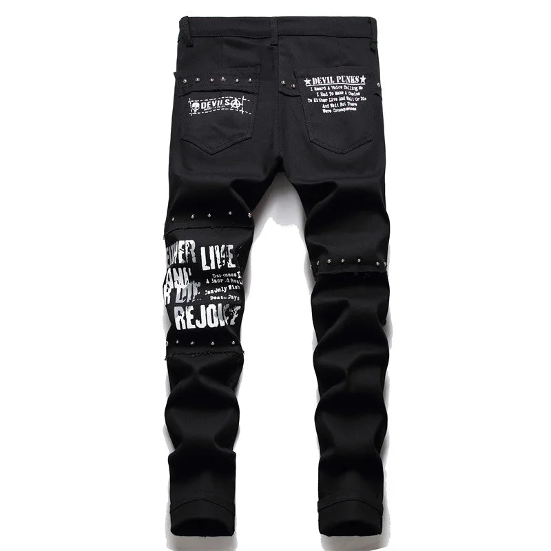 2026 Korean Fashion Red Plaid Patchwork Punk Rivet Men Slim Jeans Trousers Skull Letters Print Hip Hop Chain Denim Pants Spodnie