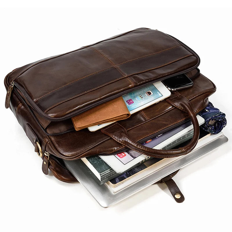 Men Briefcase Genuine Leather Laptop Bag 14 15.6" PC Doctor Lawyer Computer Bag Cowhide Male Briefcase Leather Men Business Bag