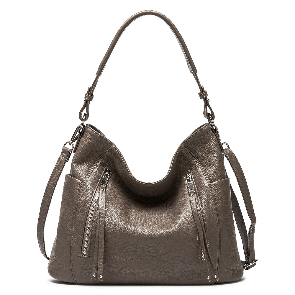 ZENCY New Handbag Luxury Genuine Leather Bag for Women Shoulder Tote Crossbody Double Zipper Pocket Charming Red Hobo Bag