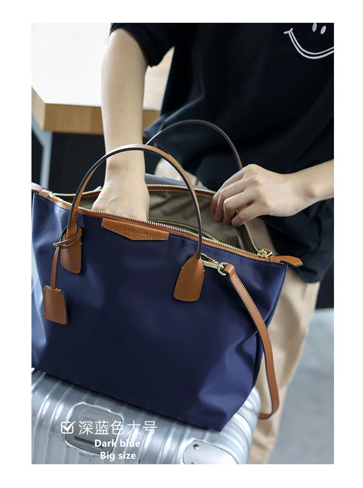 Zipper Tote Bags For Women Nylon With Real Leather Handbag High Quality Single Shoulder Bag
