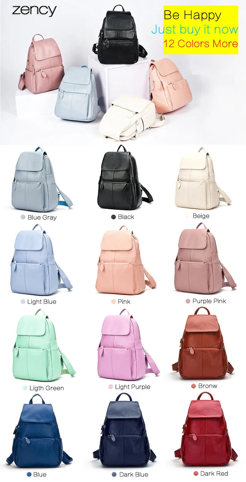 Zency Stylish White Black Genuine Leather Women Backpack A++ Quality Anti-theft Large Capacity Knapsack Travel Designer Rucksack
