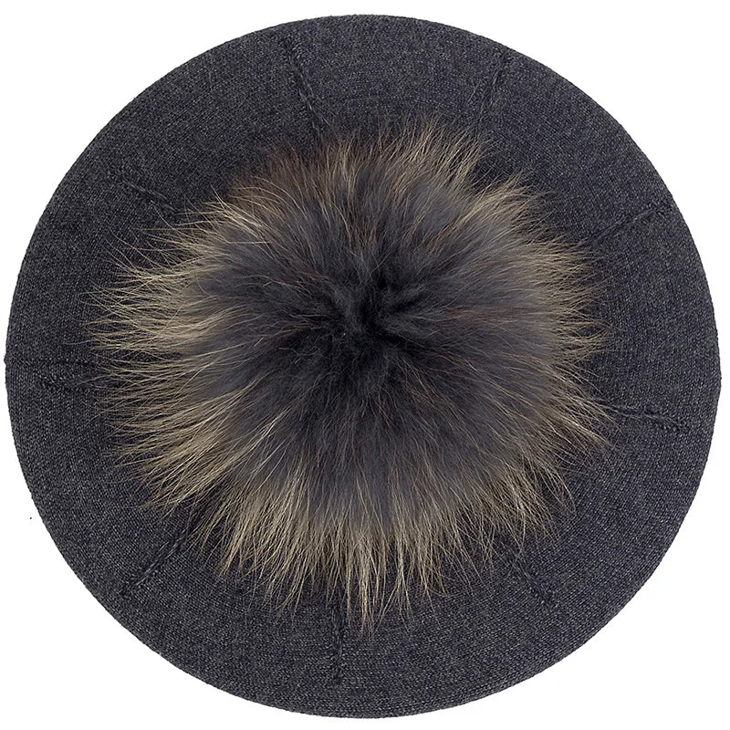 Women's Knit Beret with Oversized Pom Pom | Geebro