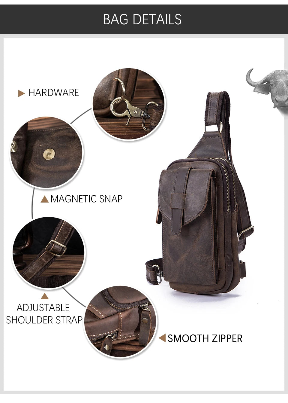 Hot Sell Men Genuine Bull Leather Vintage Coffee Triangle Chest Sling Bag Design Travel Daypack One Shoulder Crossbody Bag XB571