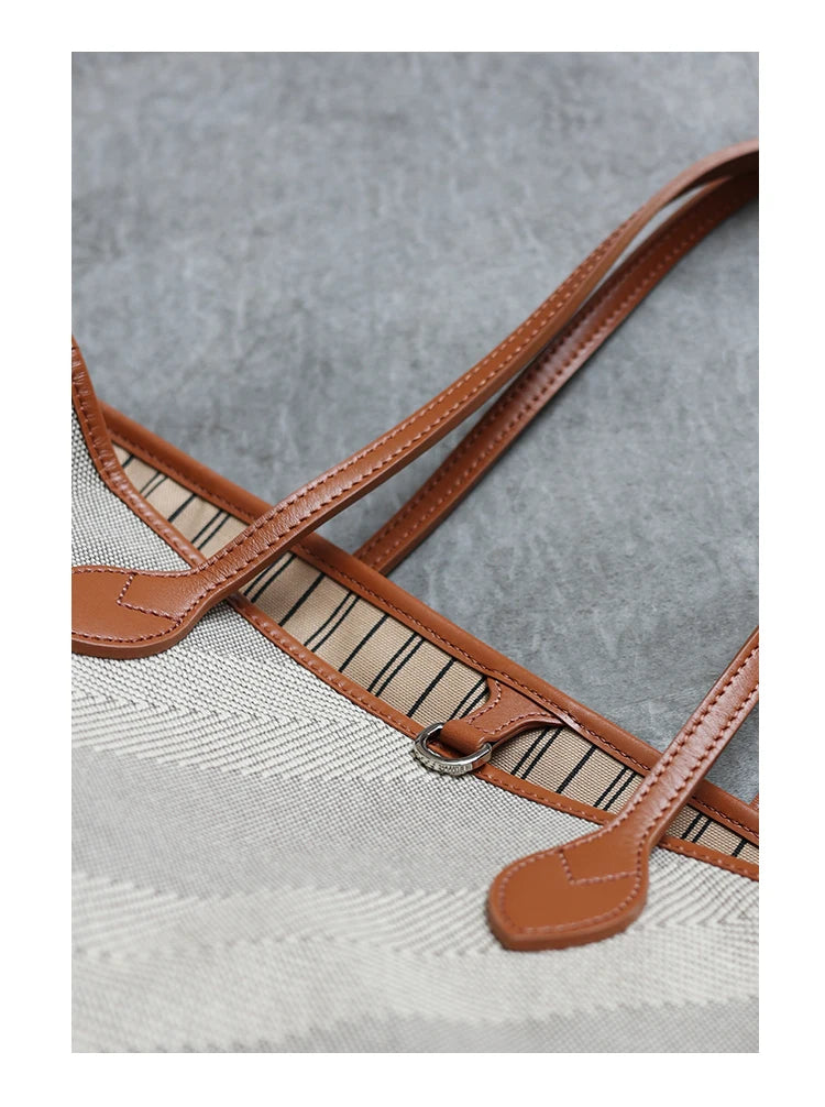 Women's Fashion Shoulder Bag Luxury Designer Handbag Large Capacity Canvas With Genuine Leather Tote For Shopping,Commuting,Work