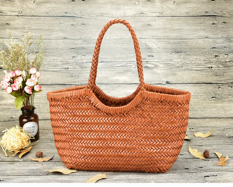 Hand Knitted Designer Genuine Leather Elegant Handle Female Totes Vintage Women's Handbag Cowskin Lady Large Shoulder Bag