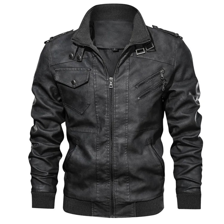Men's Faux Leather Moto Jacket with Detachable Hood