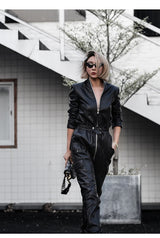 Black Faux Leather Cargo Jumpsuit - Luxury Long Sleeve Zip-Up Romper