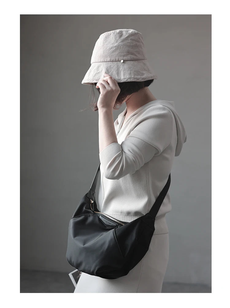 Lightweight Nylon Matching Genuine Leather Crossbody Bag High Quality Single Shoulder Bags Fashion Pleated Messenger Purses