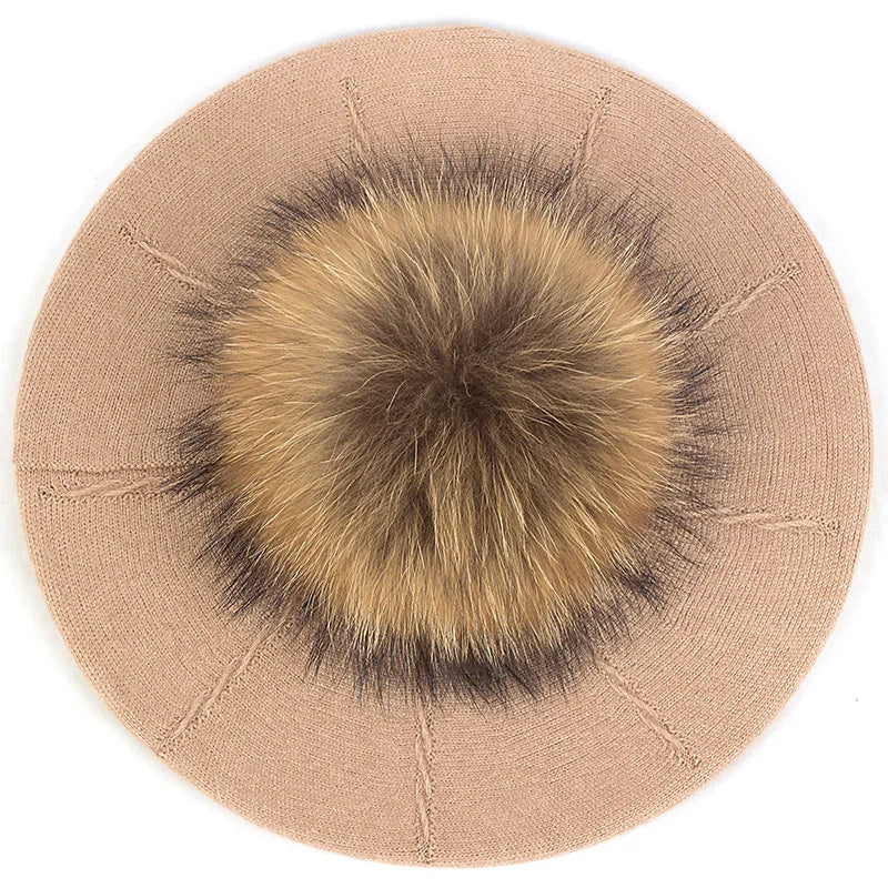 Women's Knit Beret with Oversized Pom Pom | Geebro