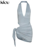 Kliou Solid Deep V sexy Two Piece Sets Midnight Club Halter Top And Skirt Backless Summer Partywear Hollow Out Ruched Women Set