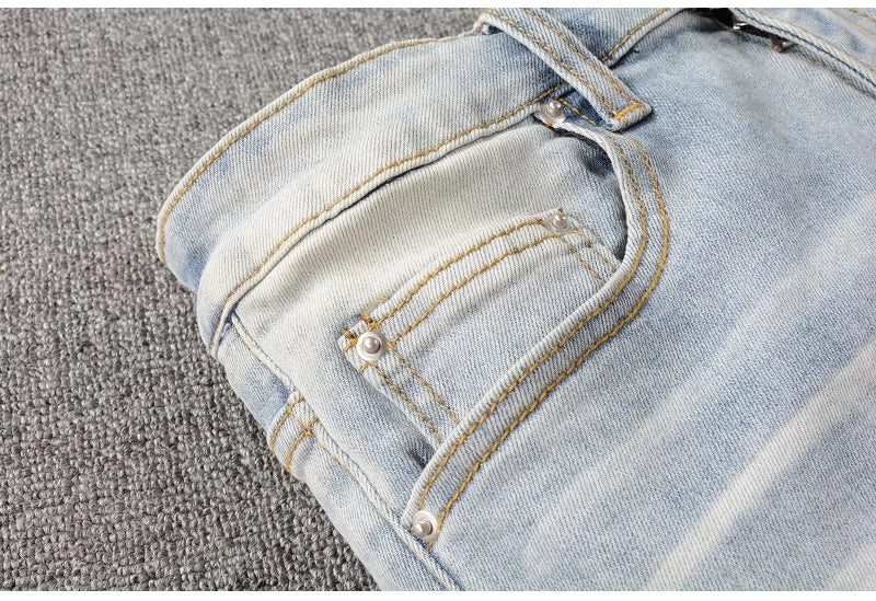 Men's Crystal Embellished Ripped Slim Jeans – Blue