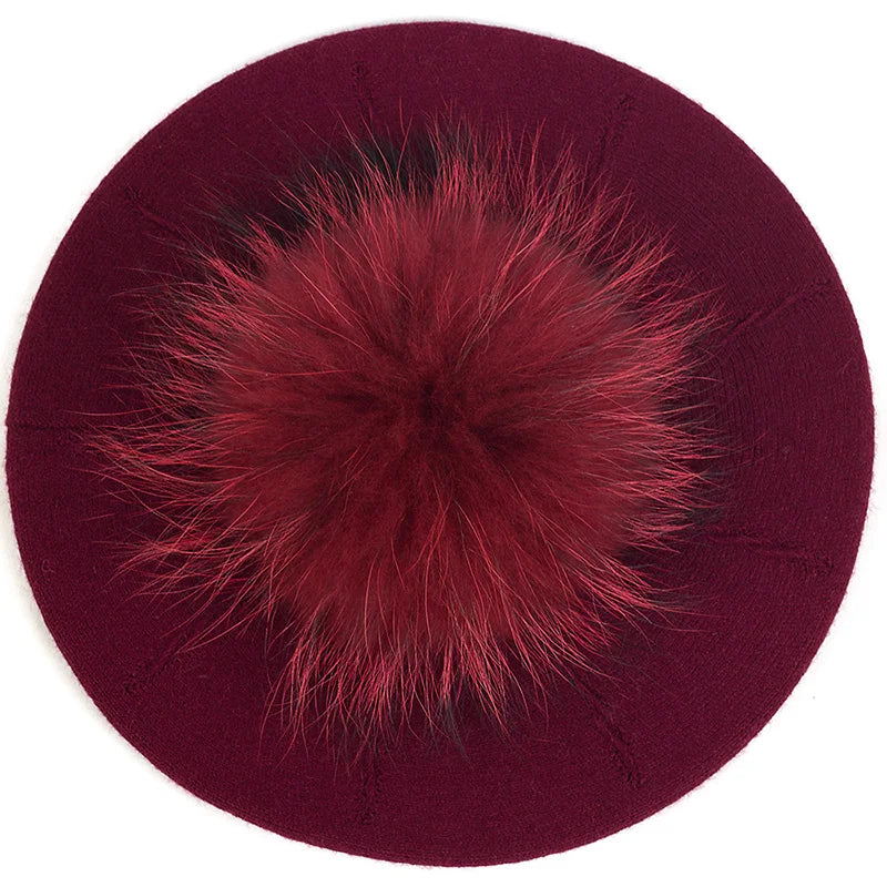 Women's Knit Beret with Oversized Pom Pom | Geebro