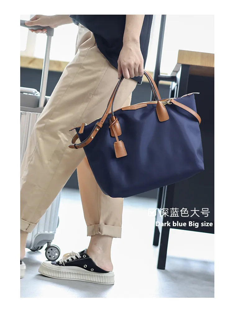 Zipper Tote Bags For Women Nylon With Real Leather Handbag High Quality Single Shoulder Bag