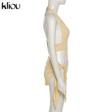 Kliou Solid Deep V sexy Two Piece Sets Midnight Club Halter Top And Skirt Backless Summer Partywear Hollow Out Ruched Women Set