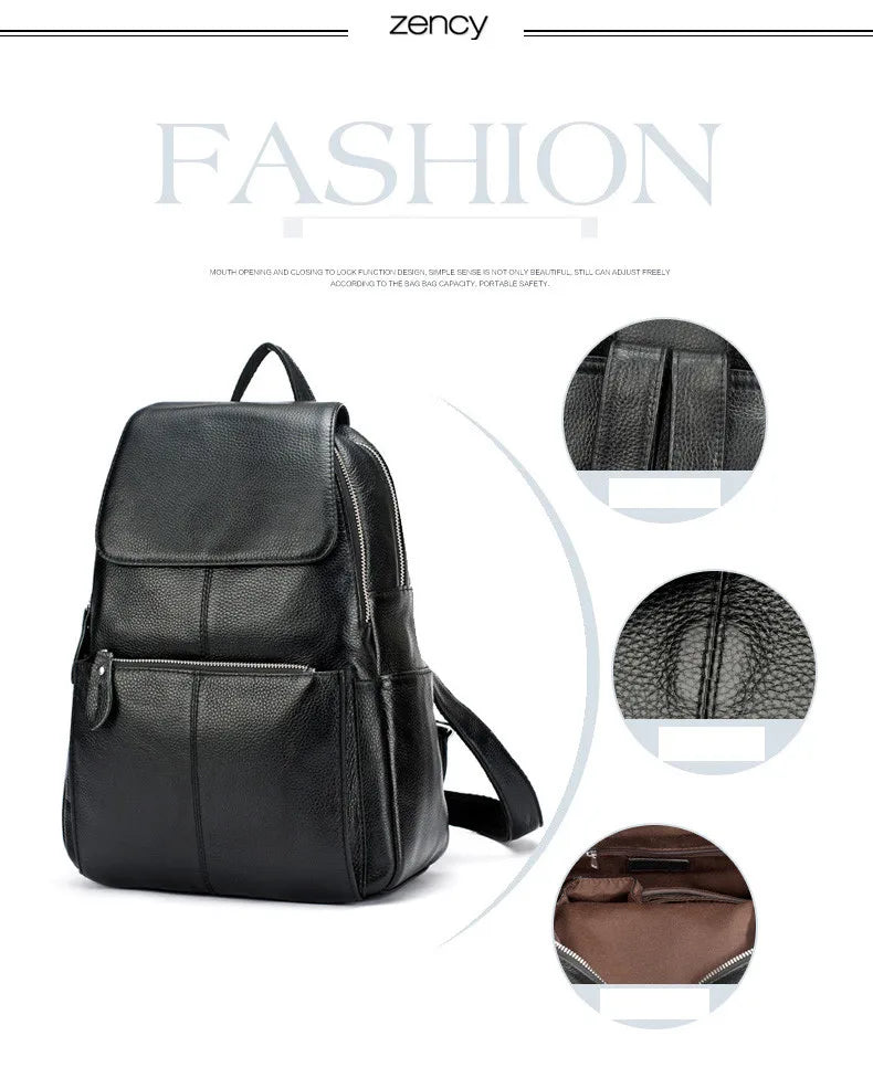 Zency Stylish White Black Genuine Leather Women Backpack A++ Quality Anti-theft Large Capacity Knapsack Travel Designer Rucksack
