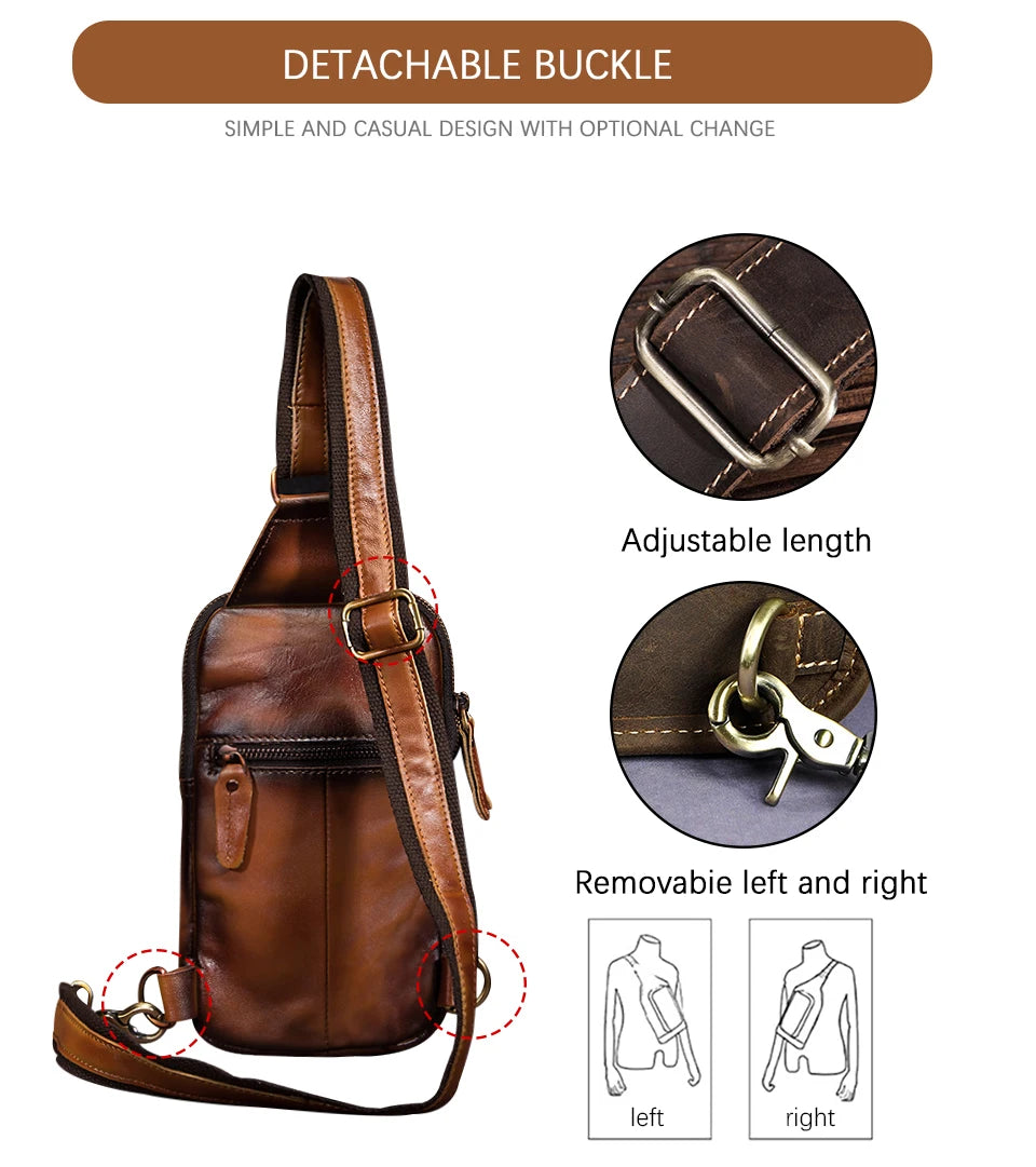 Hot Sell Men Genuine Bull Leather Vintage Coffee Triangle Chest Sling Bag Design Travel Daypack One Shoulder Crossbody Bag XB571