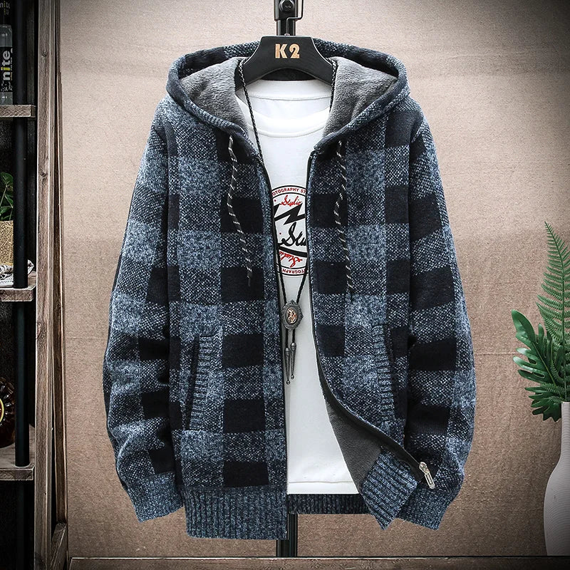 Men’s Winter Plaid Fleece-Lined Hooded Cardigan Jacket