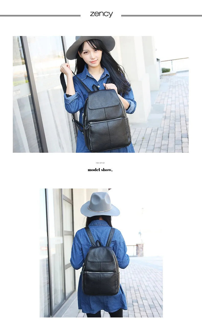 Zency Stylish White Black Genuine Leather Women Backpack A++ Quality Anti-theft Large Capacity Knapsack Travel Designer Rucksack