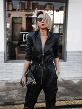 Black Faux Leather Cargo Jumpsuit - Luxury Long Sleeve Zip-Up Romper