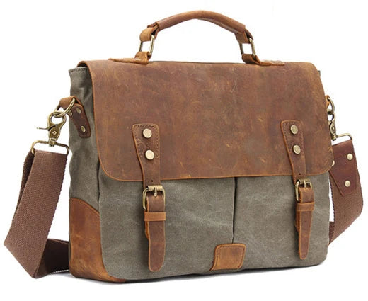 Vintage Leather + Canvas men briefcase Business bag Portfolio men office bag male canvas briefcase attache case document tote