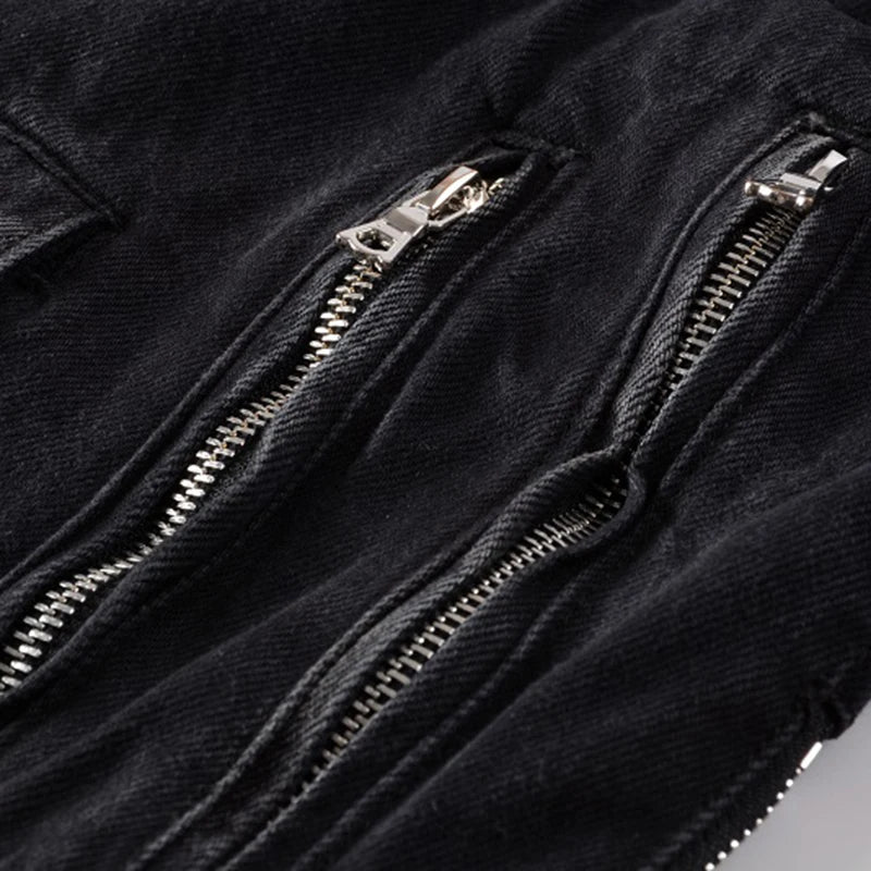 Men's Black Biker Slim Fit Denim Jacket with Belt - Streetwear Moto Style