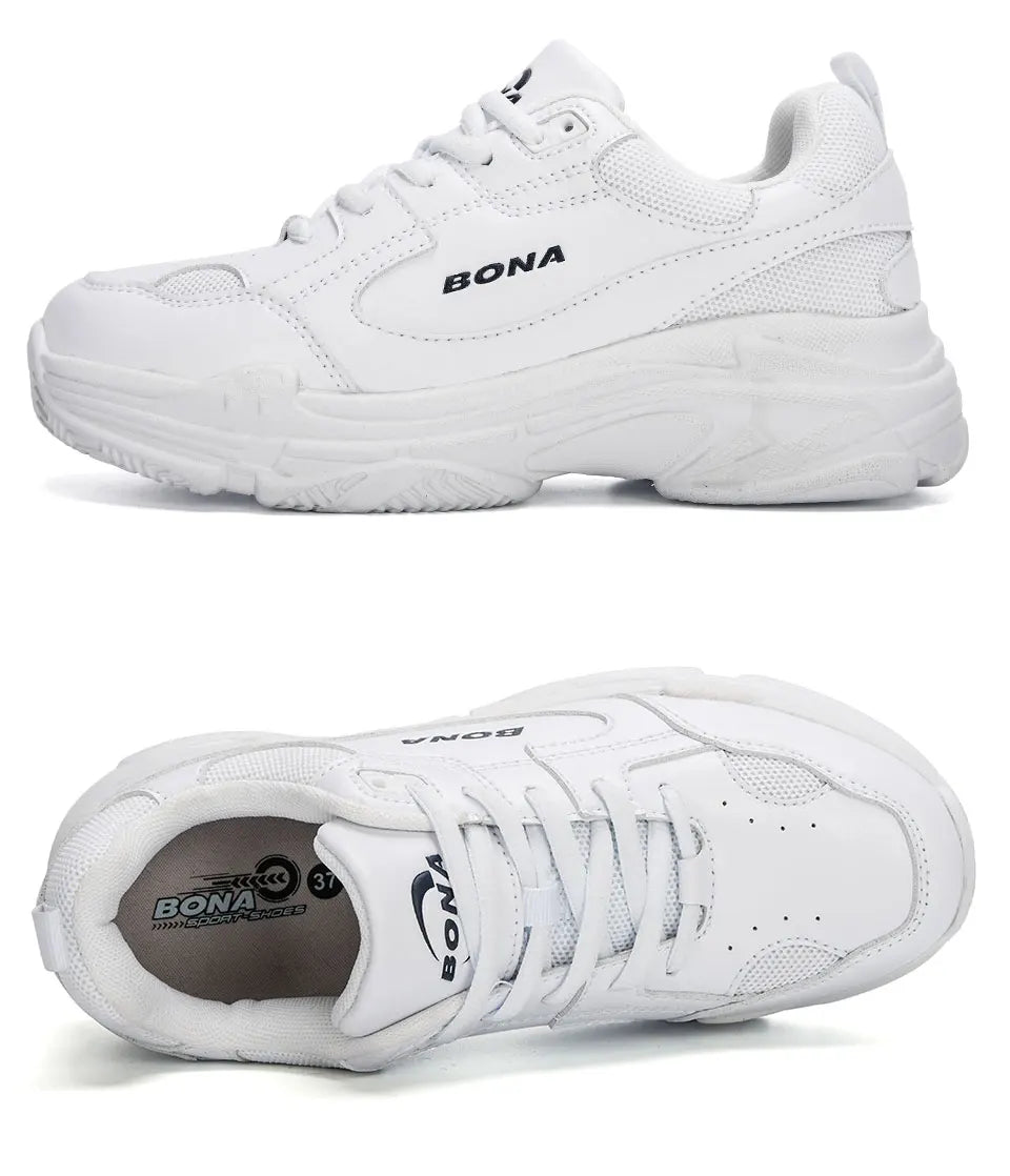 BONA Women's White Lace-Up Sneaker Flats | Casual Platform