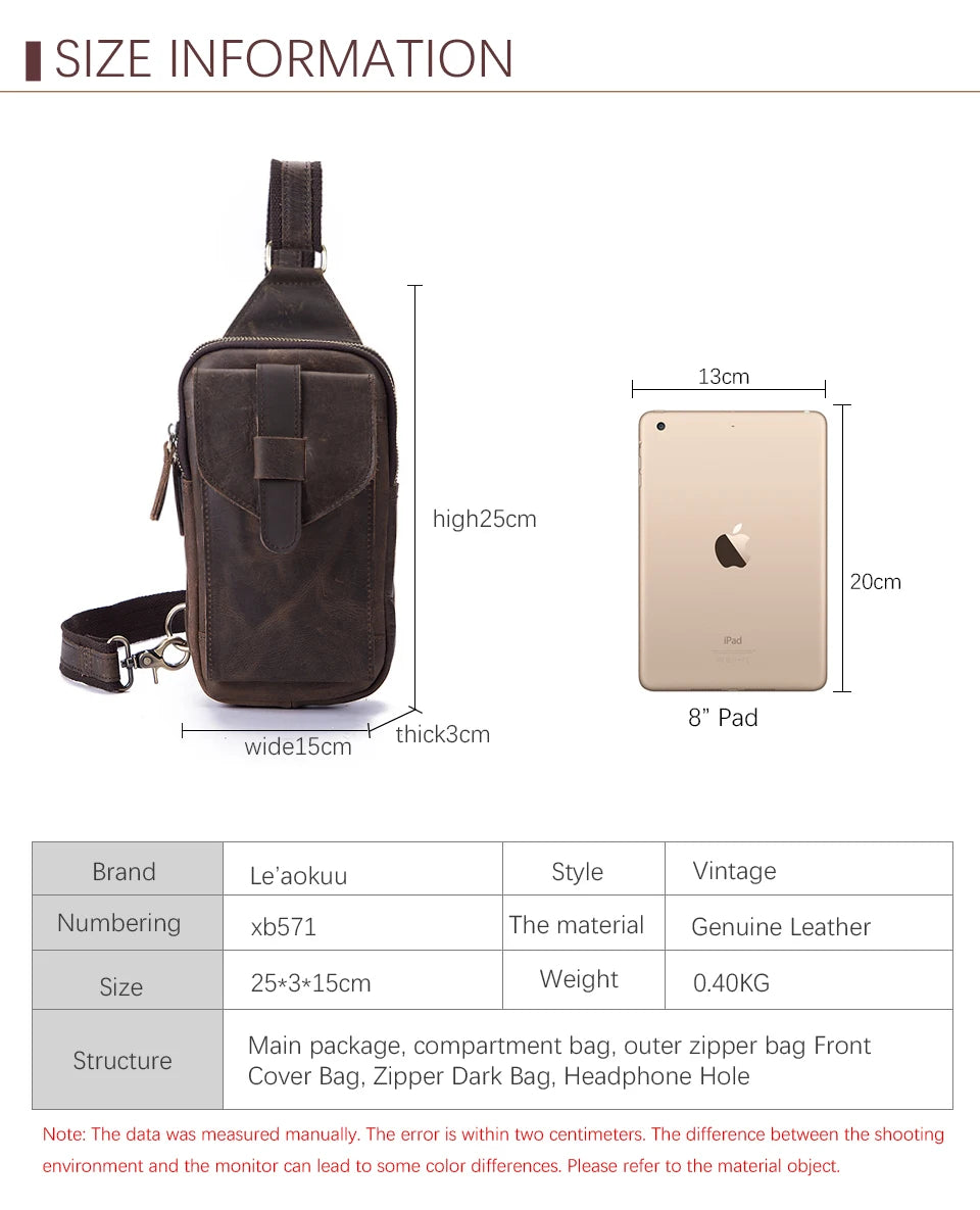 Hot Sell Men Genuine Bull Leather Vintage Coffee Triangle Chest Sling Bag Design Travel Daypack One Shoulder Crossbody Bag XB571