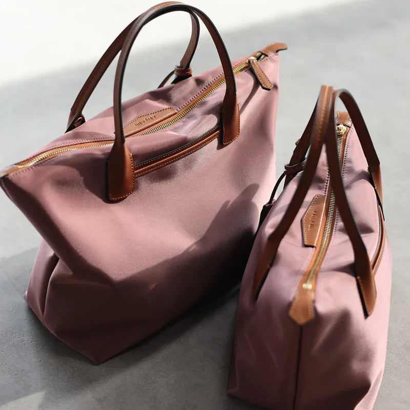 Zipper Tote Bags For Women Nylon With Real Leather Handbag High Quality Single Shoulder Bag
