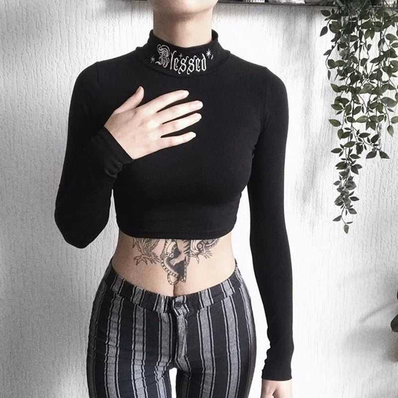 Gothic Letter Embroidery Crop Top