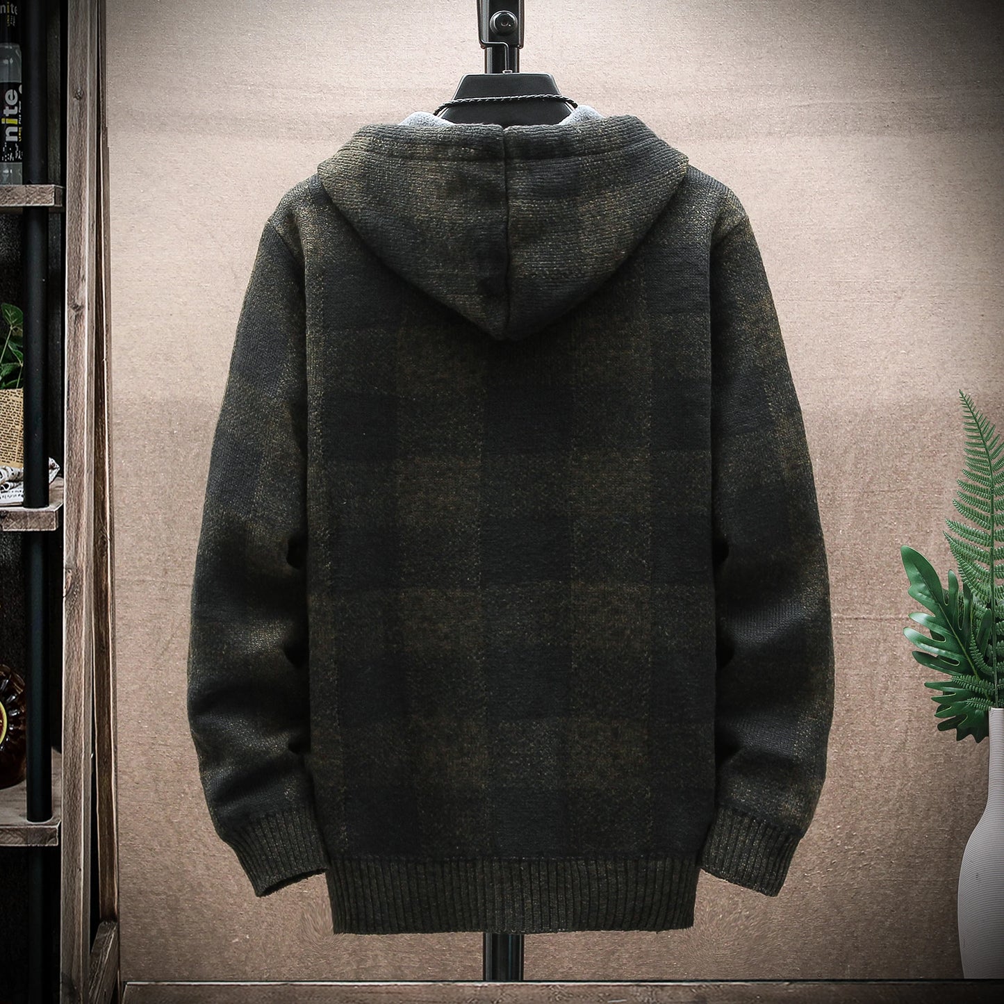Men’s Winter Plaid Fleece-Lined Hooded Cardigan Jacket