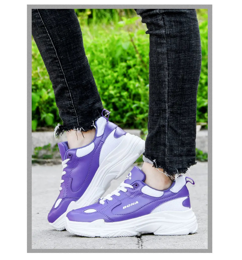 BONA Women's White Lace-Up Sneaker Flats | Casual Platform