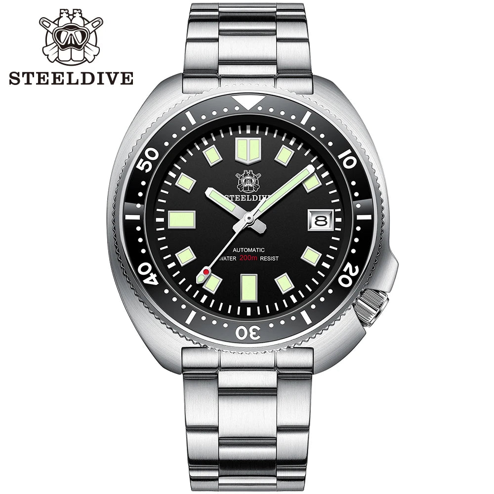 Steeldive SD1970 White Date Background 200M Wateproof AR Coating Sapphire Glass NH35 Black DIal Turtle Automatic Mens Dive Watch