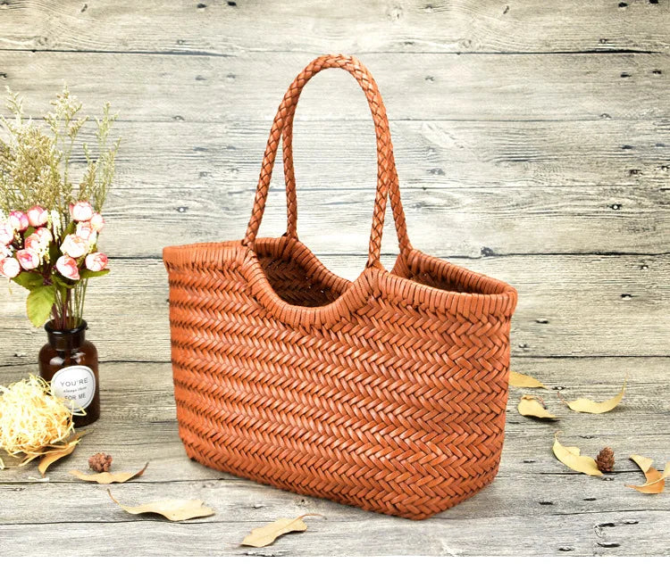 Hand Knitted Designer Genuine Leather Elegant Handle Female Totes Vintage Women's Handbag Cowskin Lady Large Shoulder Bag