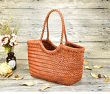 Hand Knitted Designer Genuine Leather Elegant Handle Female Totes Vintage Women's Handbag Cowskin Lady Large Shoulder Bag