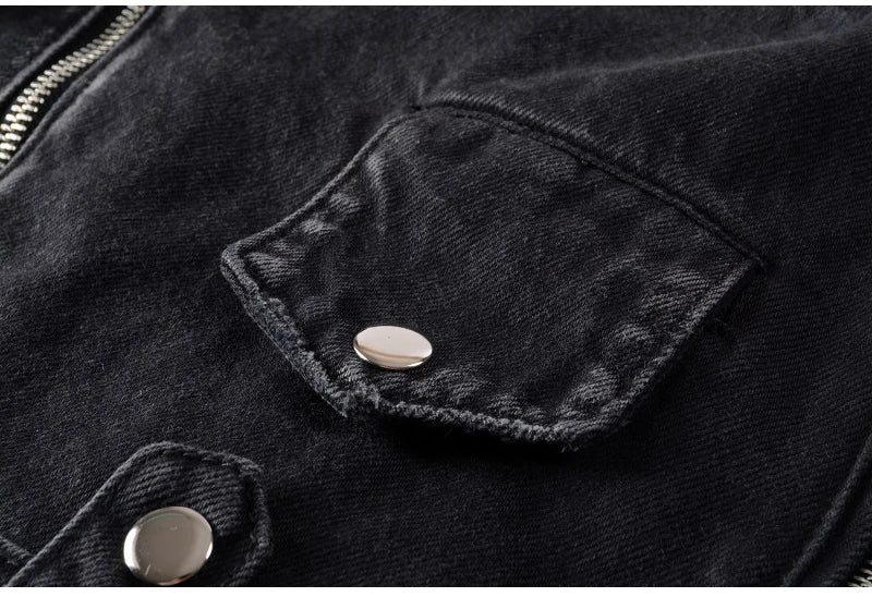 Men's Black Biker Slim Fit Denim Jacket with Belt - Streetwear Moto Style