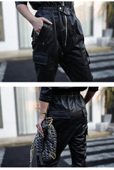 Black Faux Leather Cargo Jumpsuit - Luxury Long Sleeve Zip-Up Romper